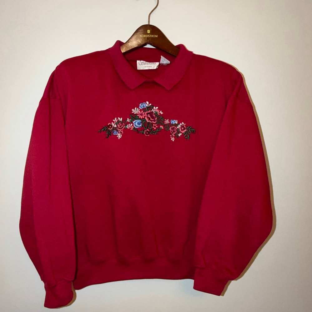 Vtg PL Silvercord Floral Embroidered Double Collar Cottage Grandma Sweatshirt